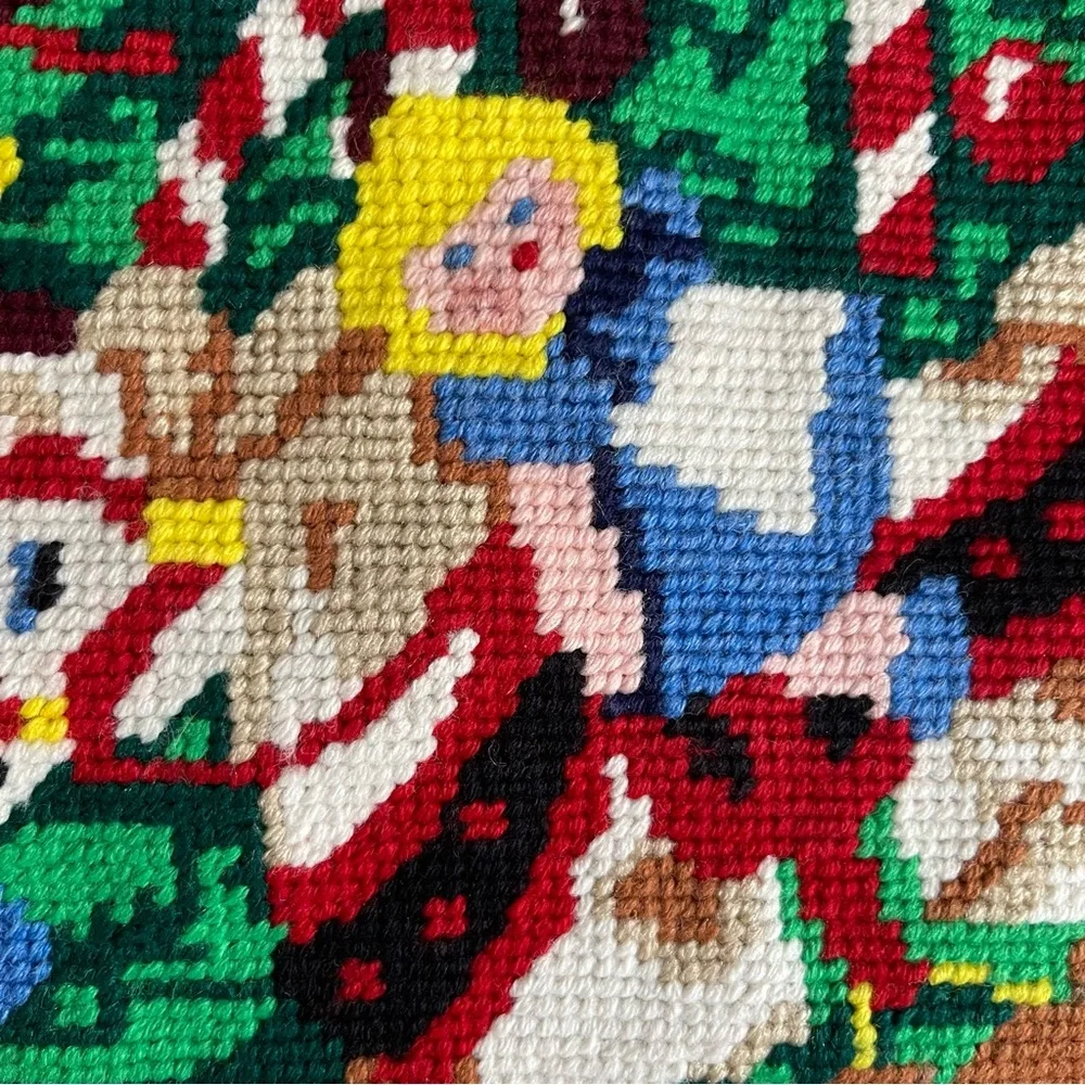 Vintage Handmade Needlepoint Christmas Toys Pillow Cover Red Velvet Small 9.5x10